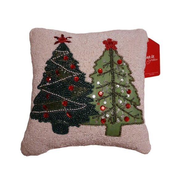 White Beaded Green Decorated Christmas Trees Festive Holiday Pillow 12x12 - Picture 5 of 16